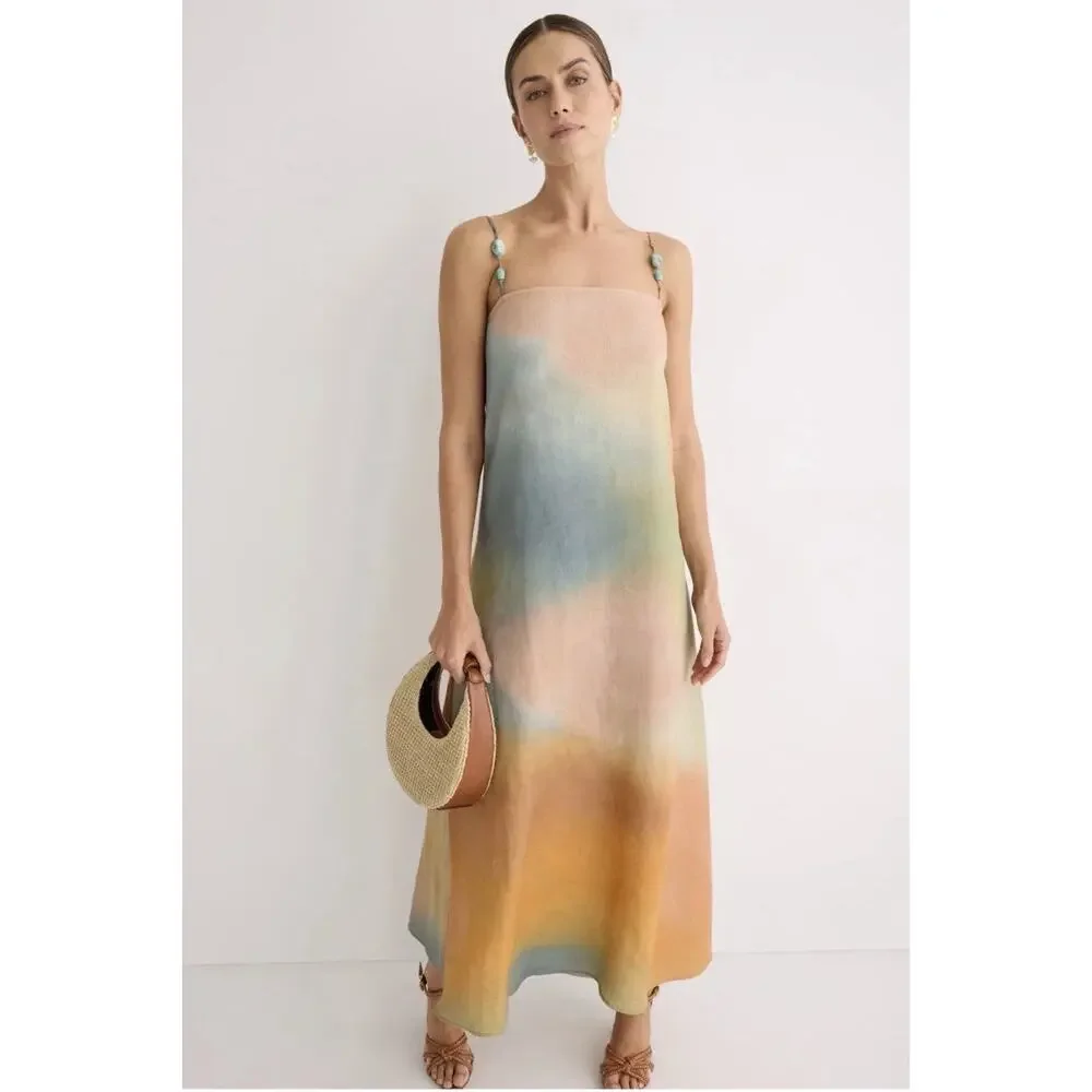 Staud Multicolored Laura Linen Dress Size M with Hole and Fabric Pull - Picture 1 of 12